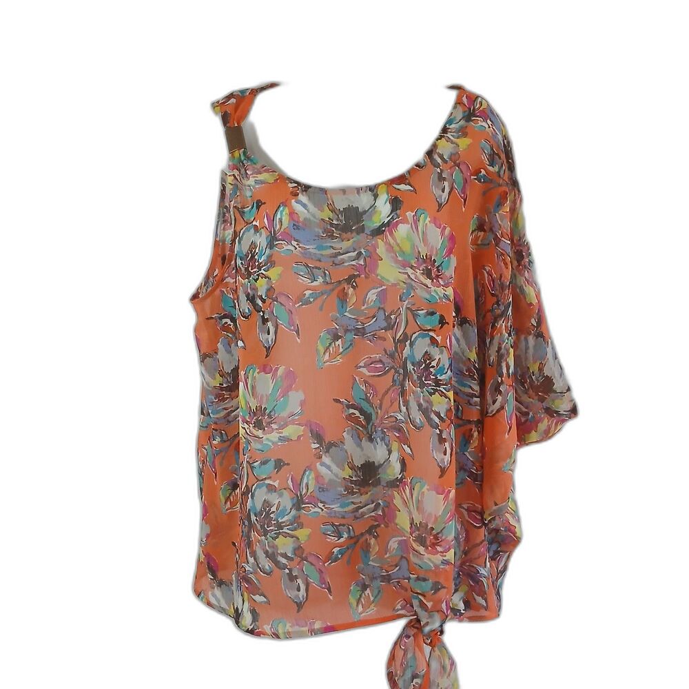 Lane Bryant Top Orange Floral Sheer 1‎ Shoulder Out Accent Cuff Sz 18 Casual...